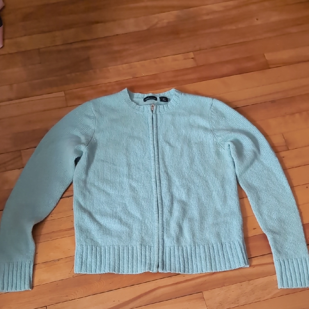 Moda International Light Teal Blue Wool Cardigan Zipper Front